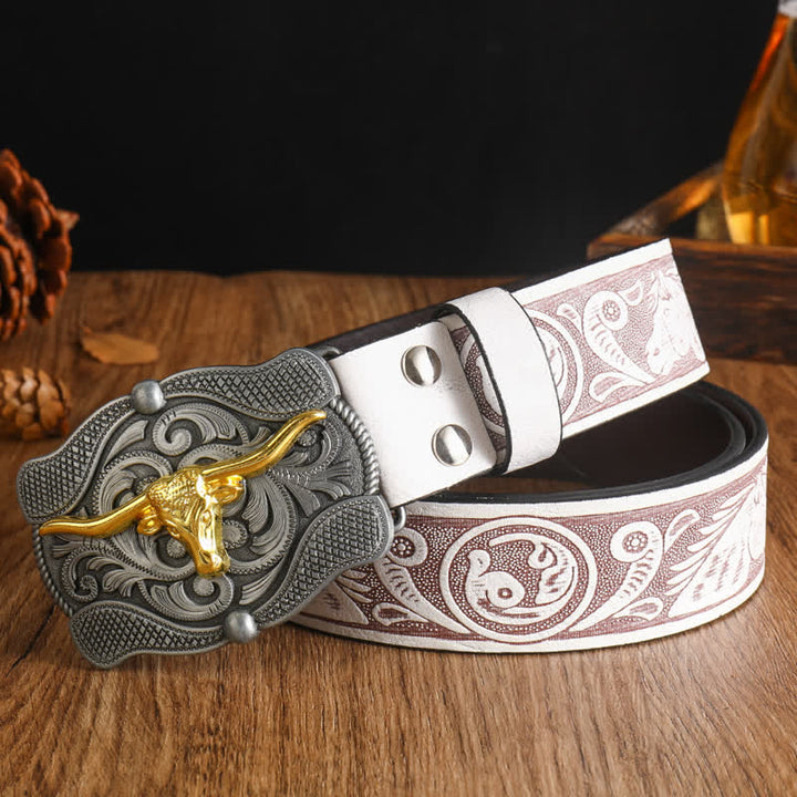 Men's Square Golden Longhorn Bull Leather Belt