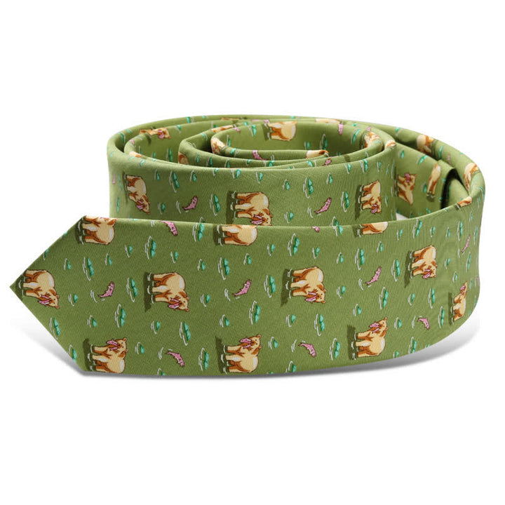 Men's Green Bear Catching Fishes Necktie