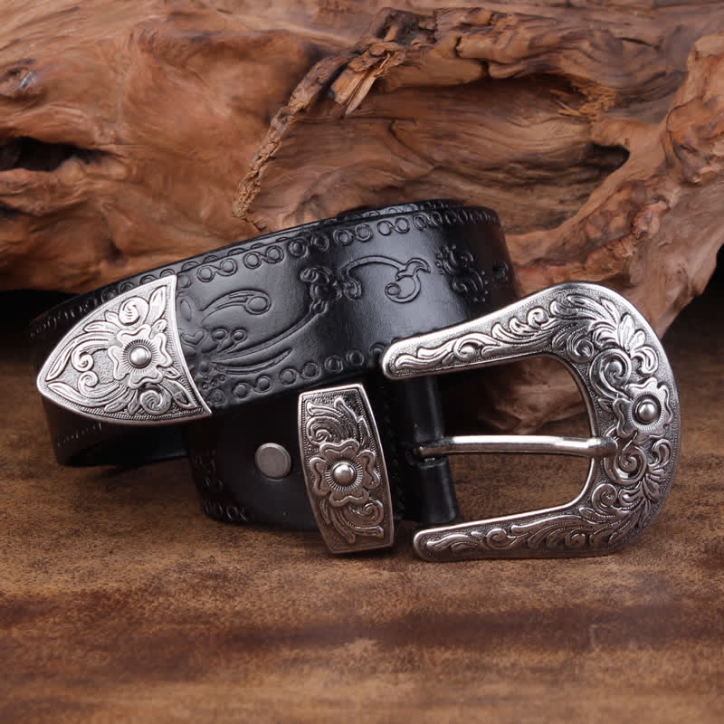 Unisex Rustic Texture Flower Printing Leather Belt