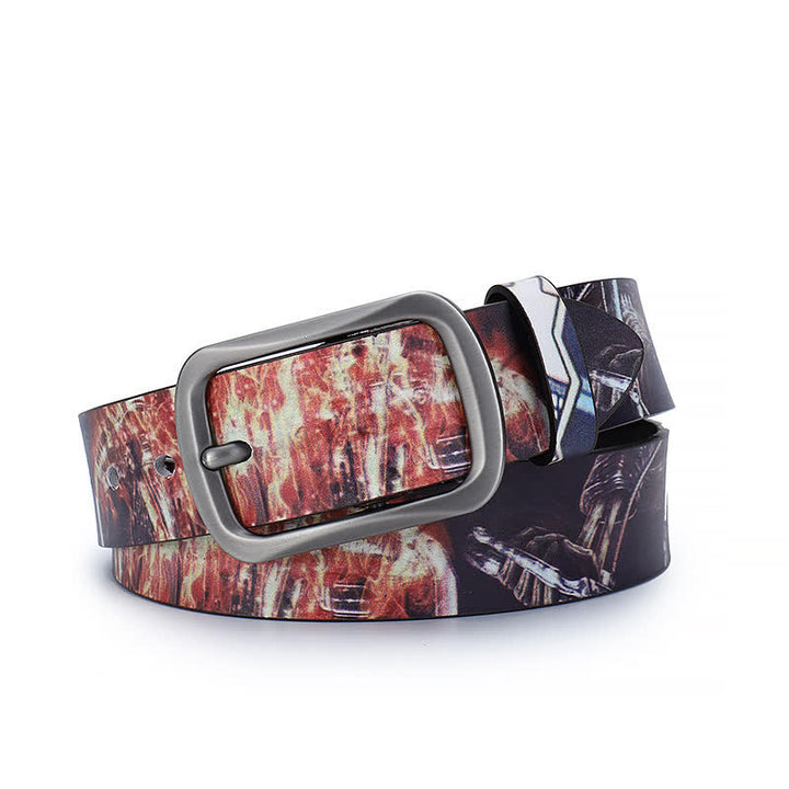 Orange & Black Skull Graffiti Pattern Genuine Leather Belt