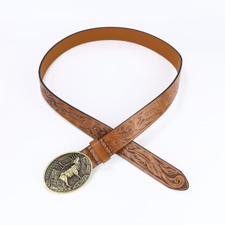 Men's Vintage Carved Deer American Flag Leather Belt