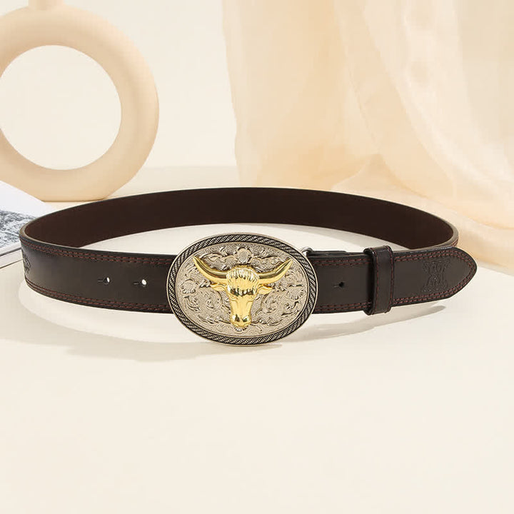 Men's Casual Golden Bull Head Floral Buckle Leather Belt