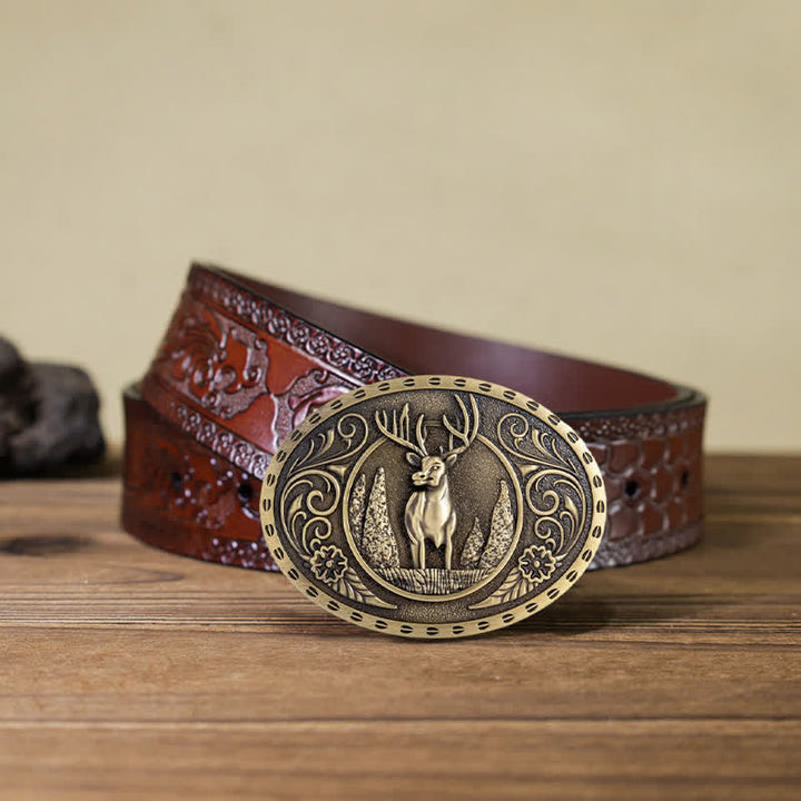 Men's DIY Forest Deer Oval Buckle Leather Belt