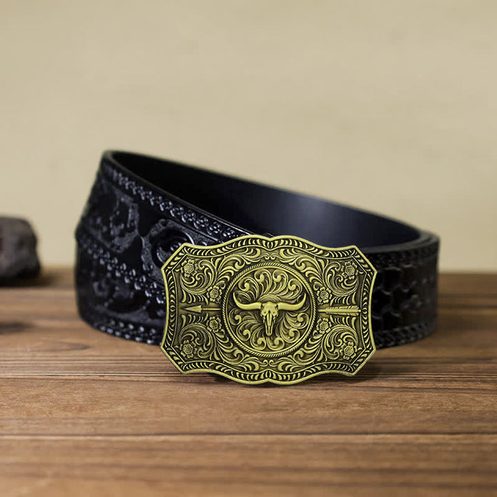 Men's DIY Long Horn Bull Arrow Buckle Leather Belt