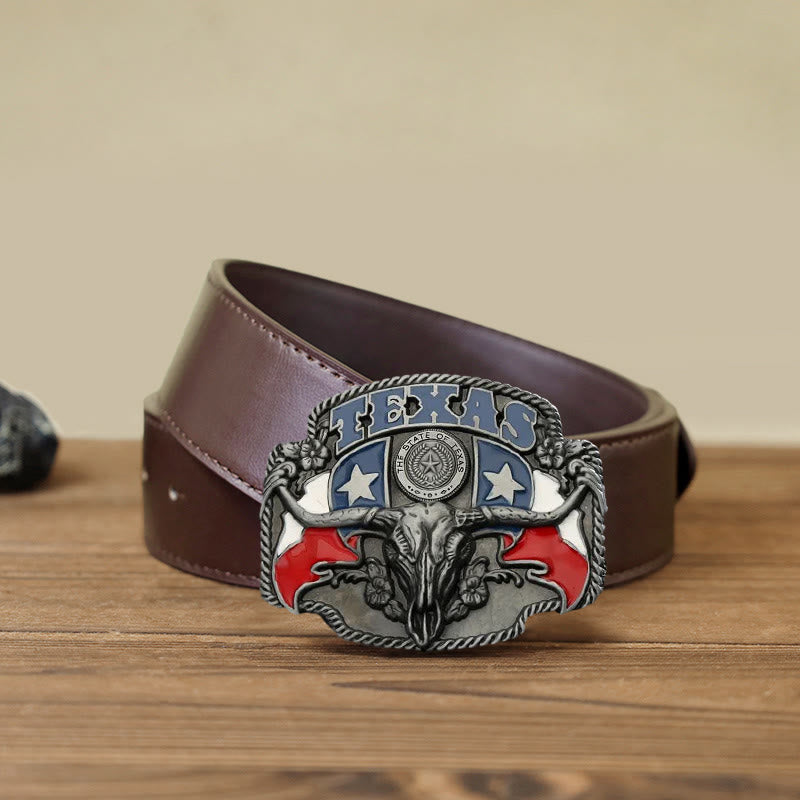 Men's DIY Texas Flag Longhorn Bull Buckle Leather Belt