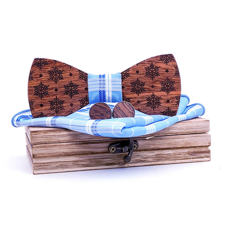 3Pcs Men's Snowflakes Pattern Christmas Wooden Bow Tie Set