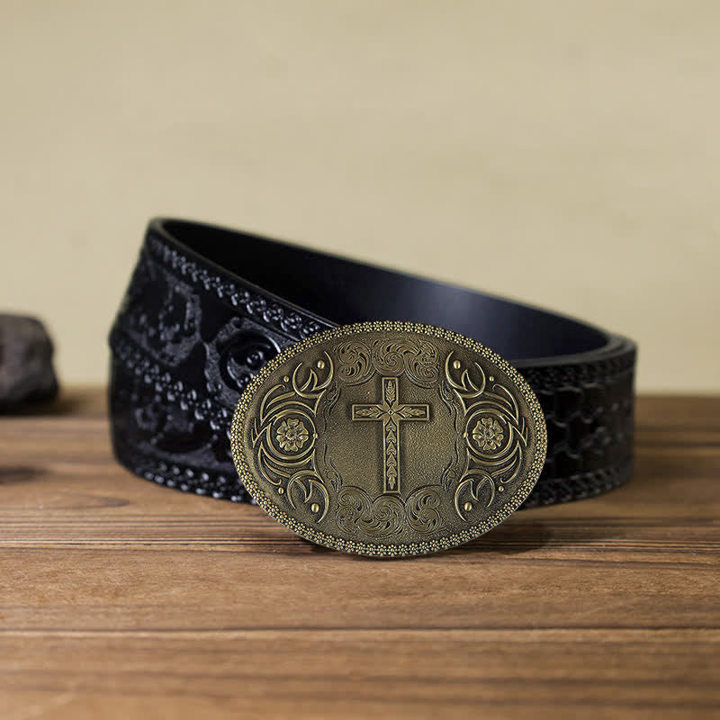 Men's DIY Carved Cross Flower Buckle Leather Belt