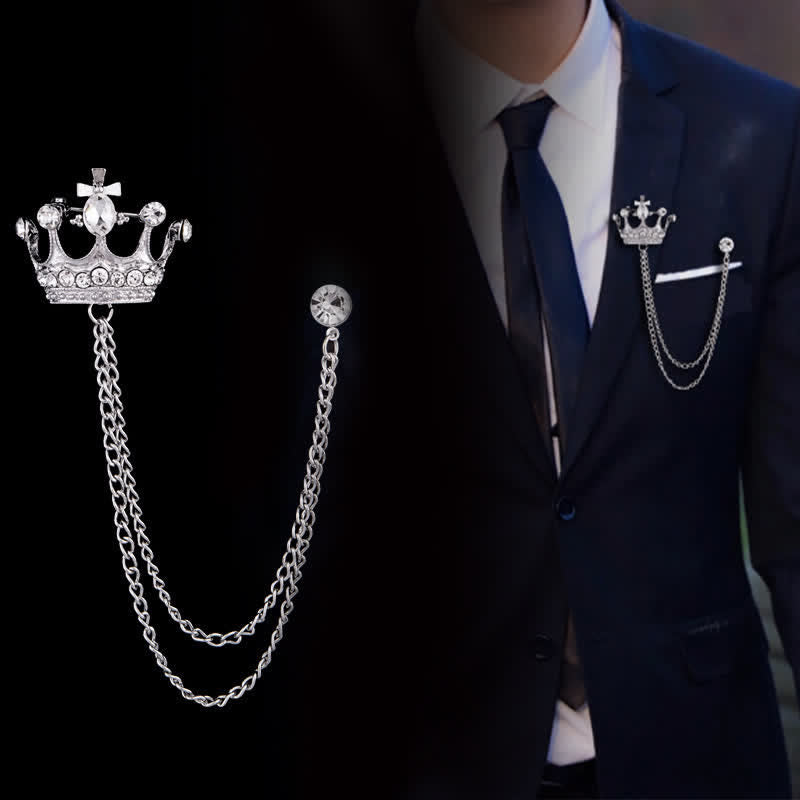 Men's Retro Crown Chain Rhinestones Brooch - image 0