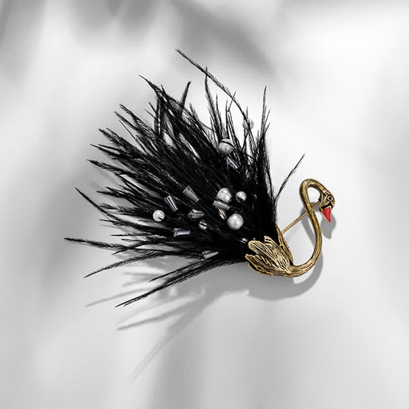 Women's Black / White Swan Plush Feather Brooch