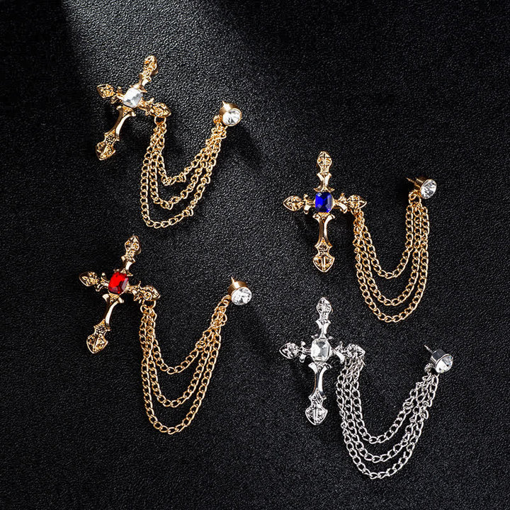 Men's Classic Cross Crystal Chain Brooch