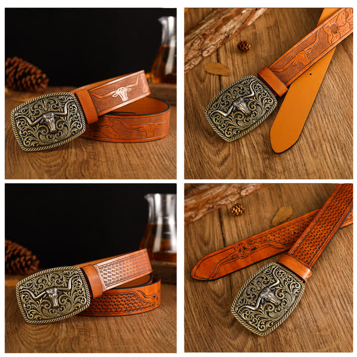 Men's Flower Square Bull Buckle Leather Belt