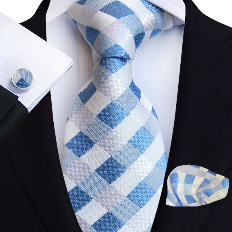 3Pcs Men's Bright Color Plaid Necktie Set - LightBlue & White - image 1