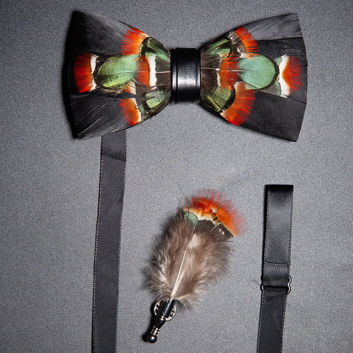 Black & Green Mallard Duck Feather Bow Tie with Lapel Pin