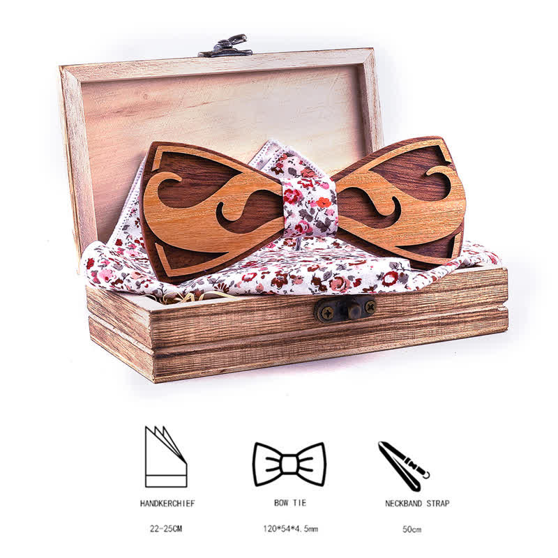 2Pcs Men's Carving Beards Wooden Bow Tie Set