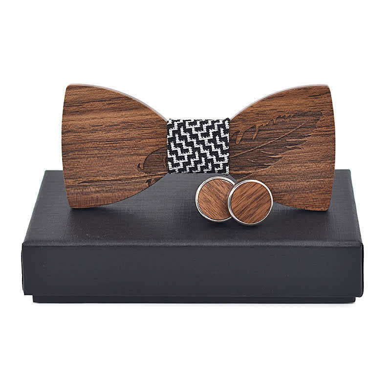 2Pcs Men's Feather Engraving Wooden Bow Tie Set