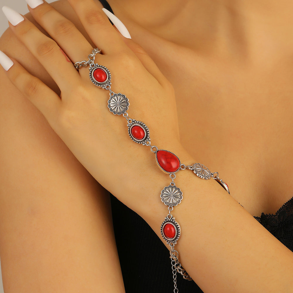 Vintage Boho Oval Teardrop Red Turquoise Silver‑tone Floral Chain Hand Harness Bracelet - Red - image 1