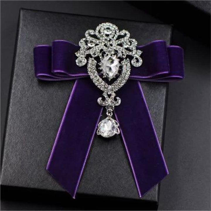 2Pcs Royal Rhinestone Brooch Velvet Bow Tie Set