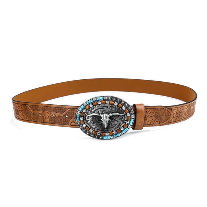 Men's Western Cowboy Turquoise Bull Leather Belt