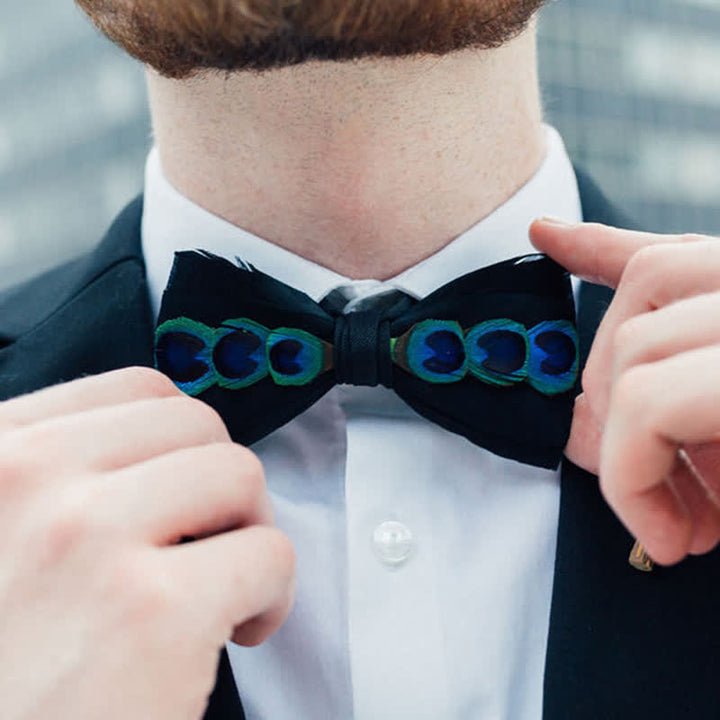 Blue & White Dye Eye Peacock Feather Bow Tie