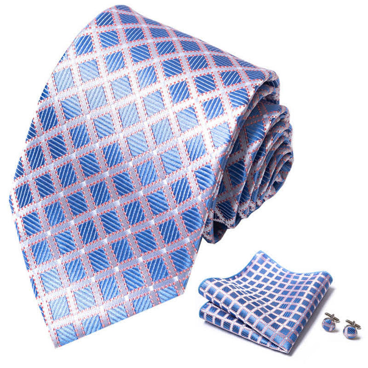 3Pcs Men's SkyBlue Windowpane Checked Necktie Set