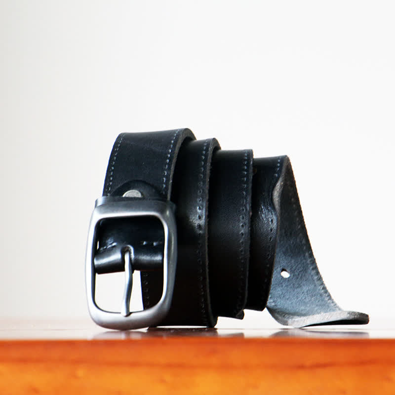 Men's Retro Handmade Trousers Leather Belt - Black - 46 - image 7