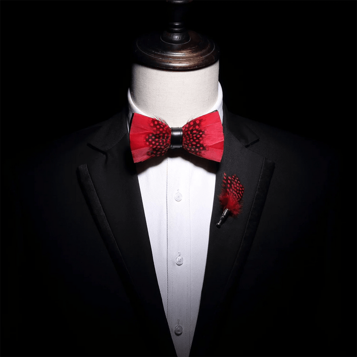 Red & Black Finch Feather Bow Tie with Lapel Pin